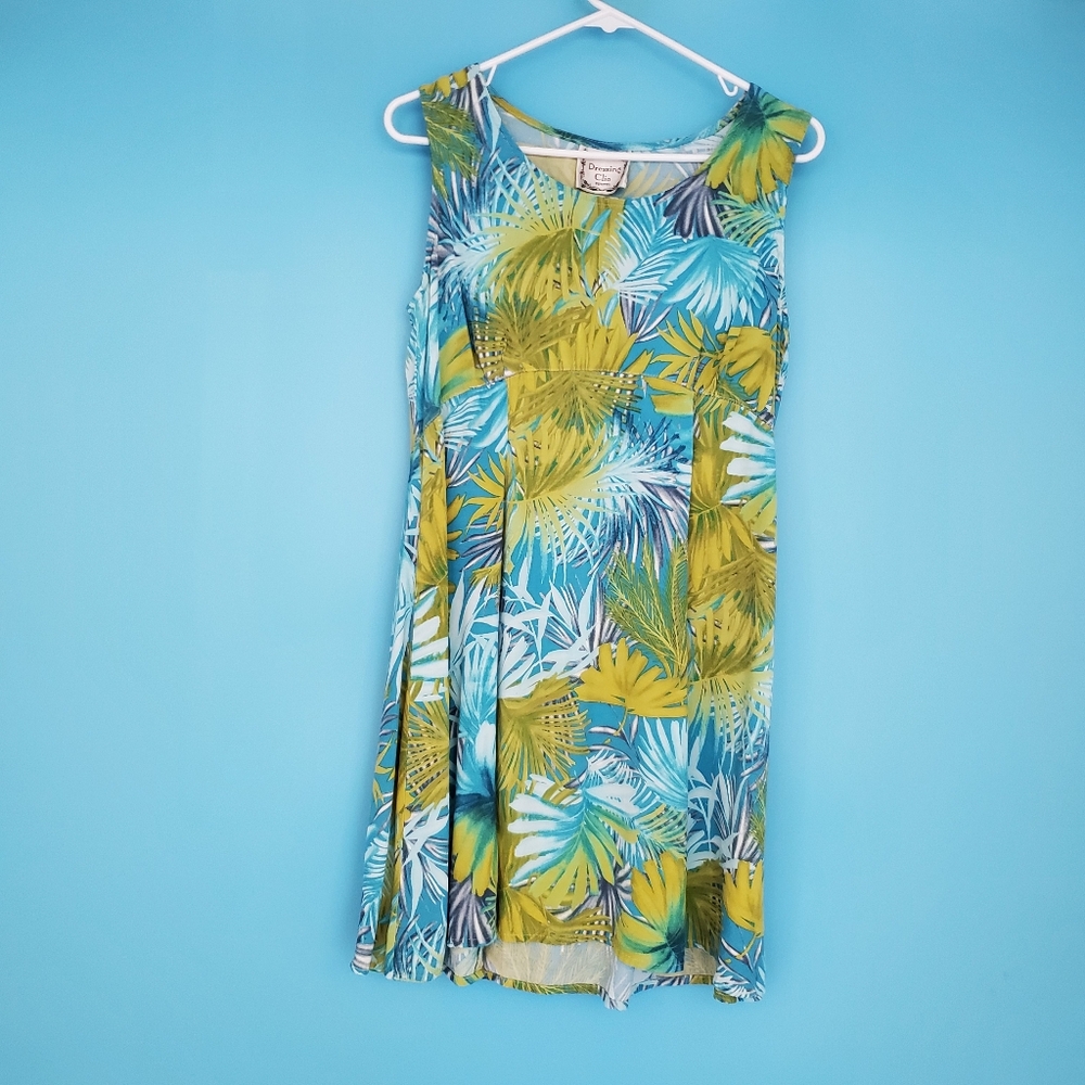 Vintage Dressing Clio Dress Size PL Sleeveless Leaf Print Round Neckline